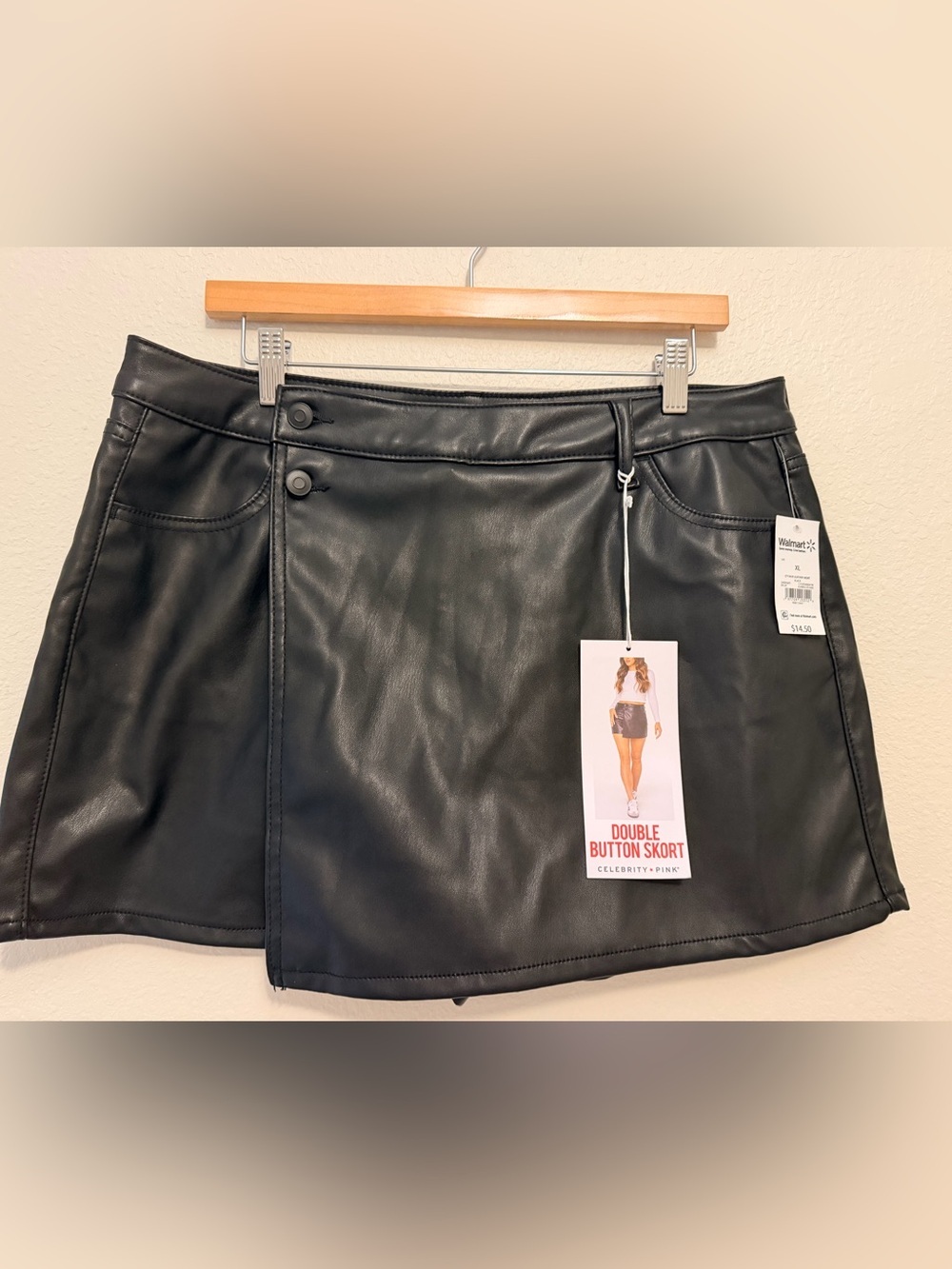 Celebrity Pink Black Faux Leather Double-Button Mini Skort